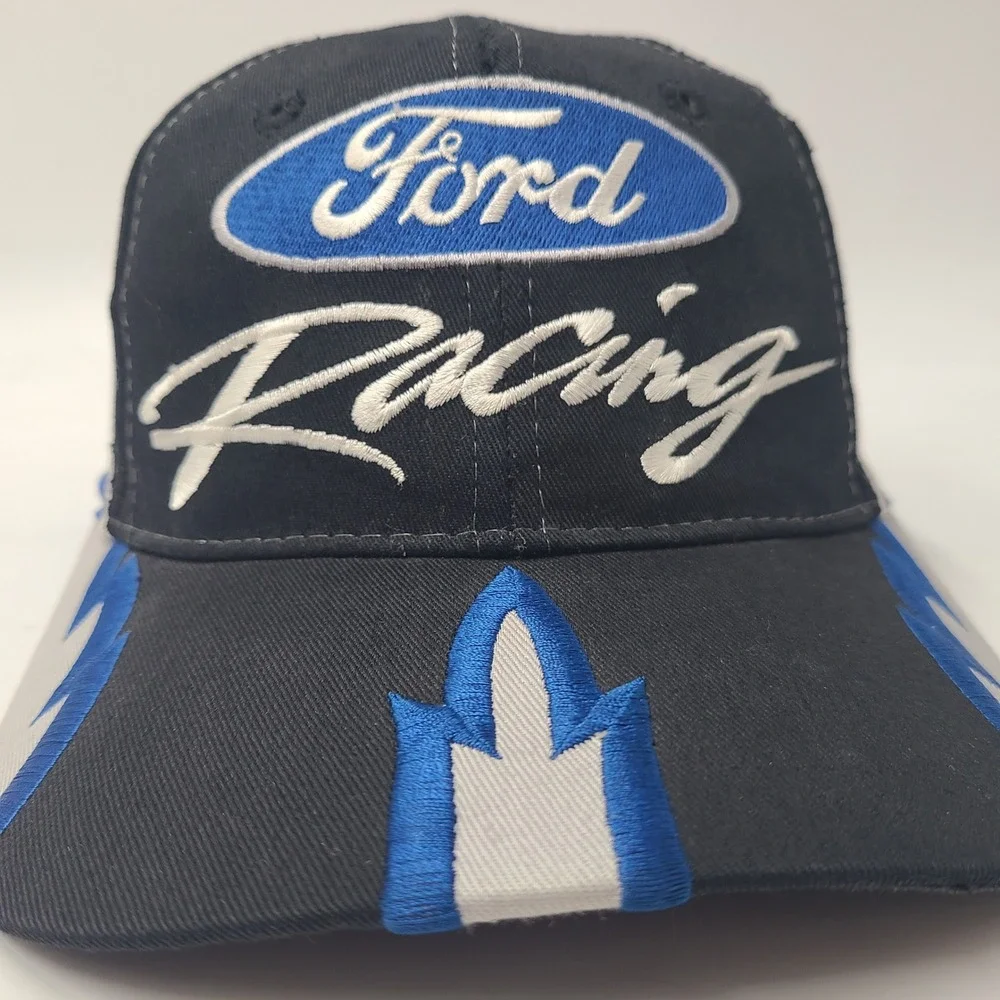 Vintage Ford Racing Hat Snapback (Fits Small) Black Blue White Flames *TEAR*‎